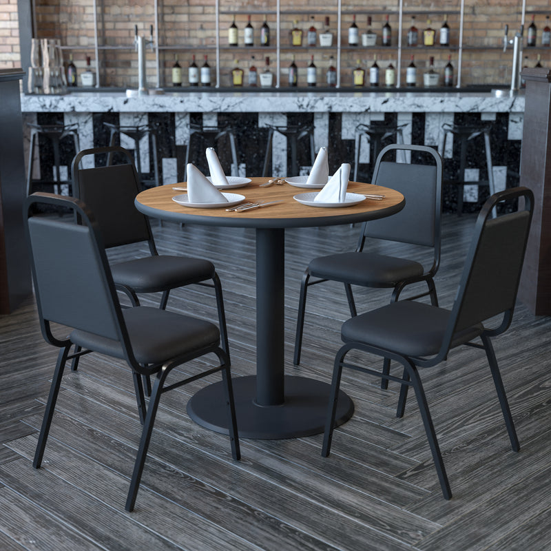 Clark 36'' Square Black Laminate Table Set with 4 Grid Back Metal Chairs - Mahogany Wood Seat