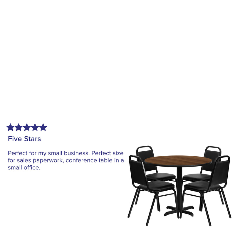 Clark 36'' Square Black Laminate Table Set with 4 Grid Back Metal Chairs - Mahogany Wood Seat