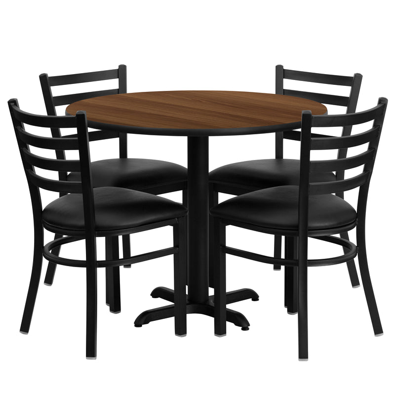 Clark 36'' Round Black Laminate Table Set with 4 Wood Slat Back Metal Chairs - Black Vinyl Seat