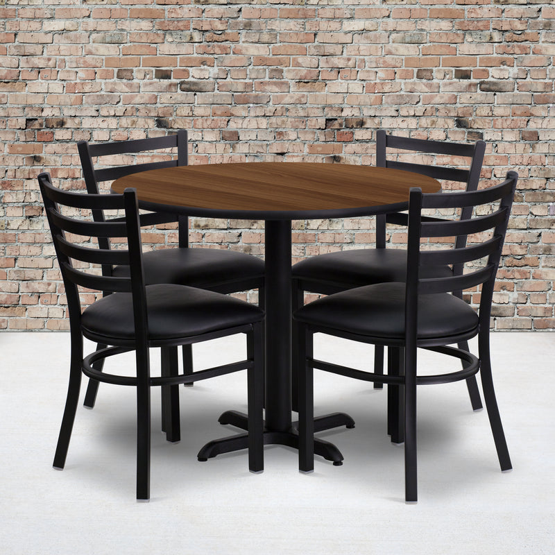 Clark 36'' Round Black Laminate Table Set with 4 Wood Slat Back Metal Chairs - Black Vinyl Seat