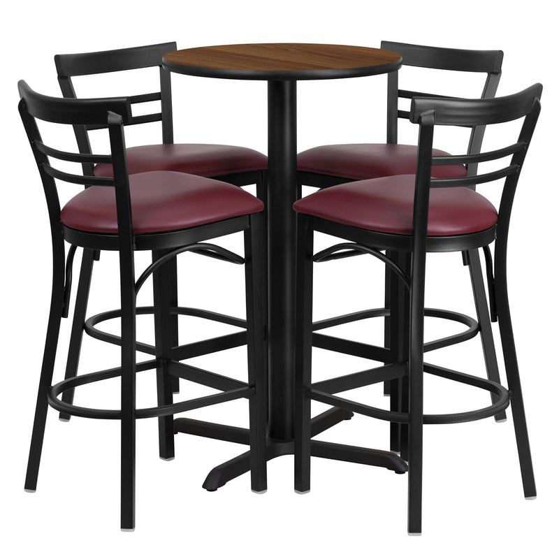 Clark 30'' Round Black Laminate Table Set with 3 Grid Back Metal Chairs - Cherry Wood Seat