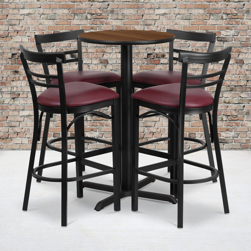 Clark 30'' Round Black Laminate Table Set with 3 Grid Back Metal Chairs - Cherry Wood Seat