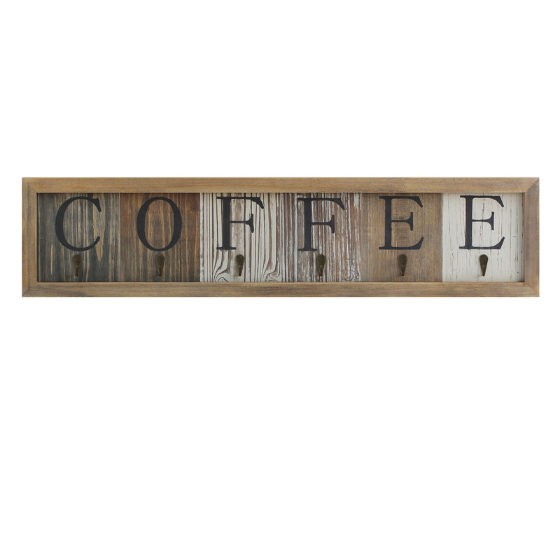 Folston Wooden Wall Mount 6 Cup Distressed Wood Grain Printed COFFEE Mug Organizer with Metal Hanging Hooks, No Assembly Required