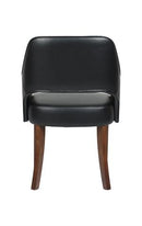 Indoor Walnut Oak Wood Chair with Black Upholstered Seat and Curved Armrests