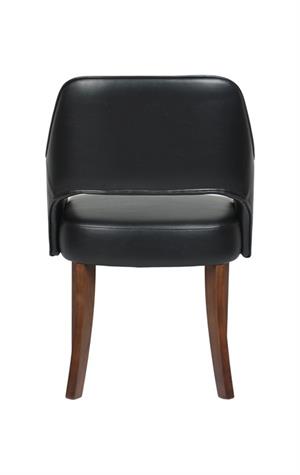 Indoor Walnut Oak Wood Chair with Black Upholstered Seat and Curved Armrests