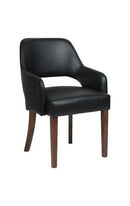 Indoor Walnut Oak Wood Chair with Black Upholstered Seat and Curved Armrests