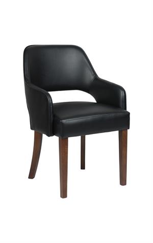 Indoor Walnut Oak Wood Chair with Black Upholstered Seat and Curved Armrests