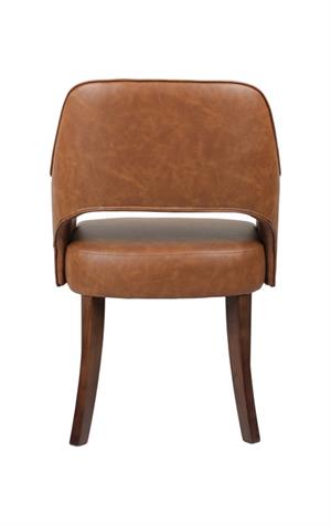 Indoor Walnut Oak Wood Chair with Brown Upholstered Seat and Curved Armrests