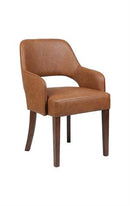 Indoor Walnut Oak Wood Chair with Brown Upholstered Seat and Curved Armrests