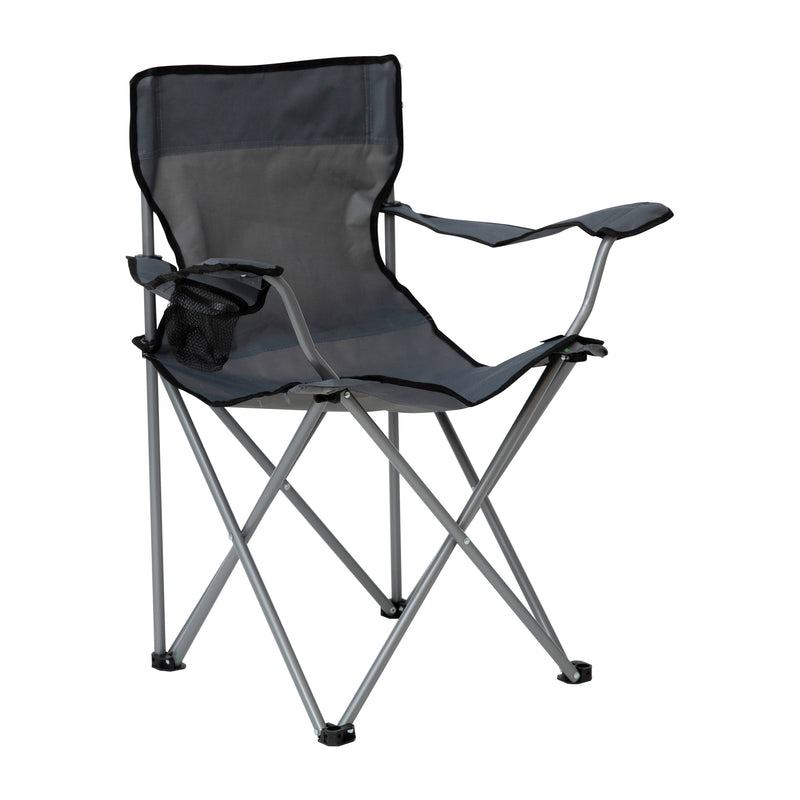 Quad Folding Camping and Sports Chair with Armrest Cupholder - Portable Gray Indoor/Outdoor Fishing Chair with Extra Wide Carry Bag