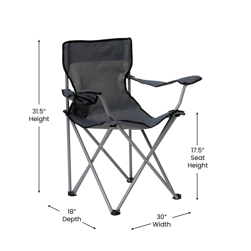 Quad Folding Camping and Sports Chair with Armrest Cupholder - Portable Gray Indoor/Outdoor Fishing Chair with Extra Wide Carry Bag