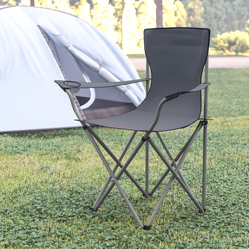 Quad Folding Camping and Sports Chair with Armrest Cupholder - Portable Gray Indoor/Outdoor Fishing Chair with Extra Wide Carry Bag