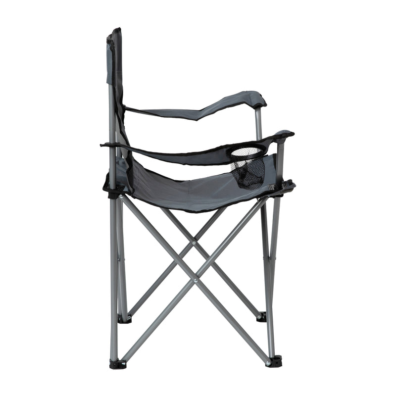 Quad Folding Camping and Sports Chair with Armrest Cupholder - Portable Gray Indoor/Outdoor Fishing Chair with Extra Wide Carry Bag