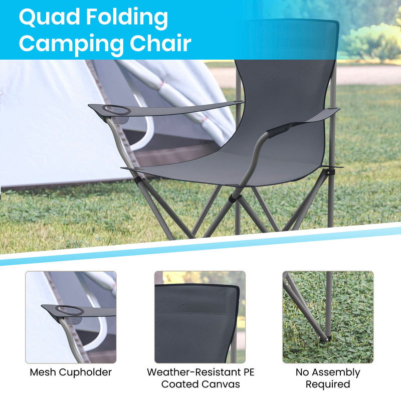 Quad Folding Camping and Sports Chair with Armrest Cupholder - Portable Gray Indoor/Outdoor Fishing Chair with Extra Wide Carry Bag