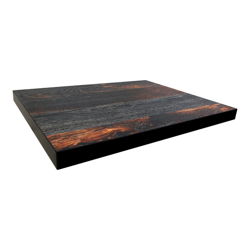 Melamine Table Top with Burnt Woodgrain Pattern and Black Edge Finish, 2-inch Thick for Indoor Use