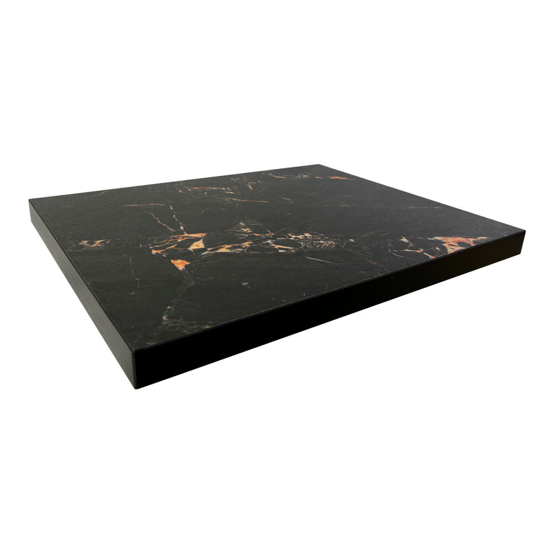 Melamine Table Top with Black Marble Pattern and Rust-Orange Veining, 2-Inch Thick for Indoor Use