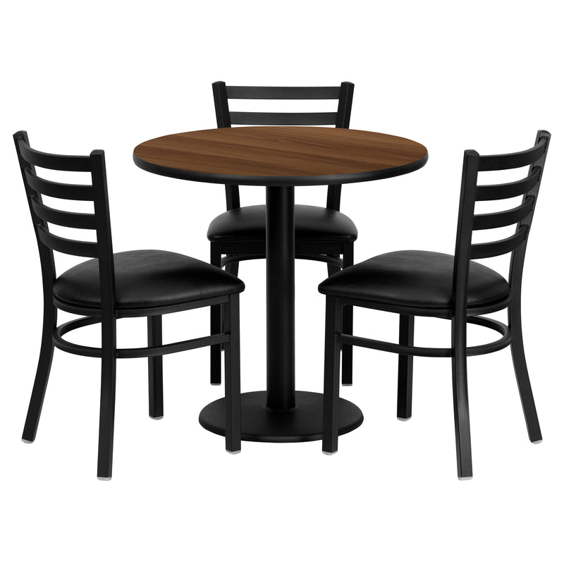 Clark 30'' Round Black Laminate Table Set with 3 Ladder Back Metal Barstools - Cherry Wood Seat