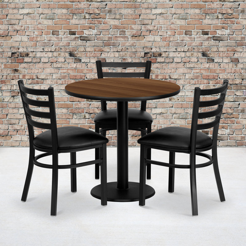 Clark 30'' Round Black Laminate Table Set with 3 Ladder Back Metal Barstools - Cherry Wood Seat