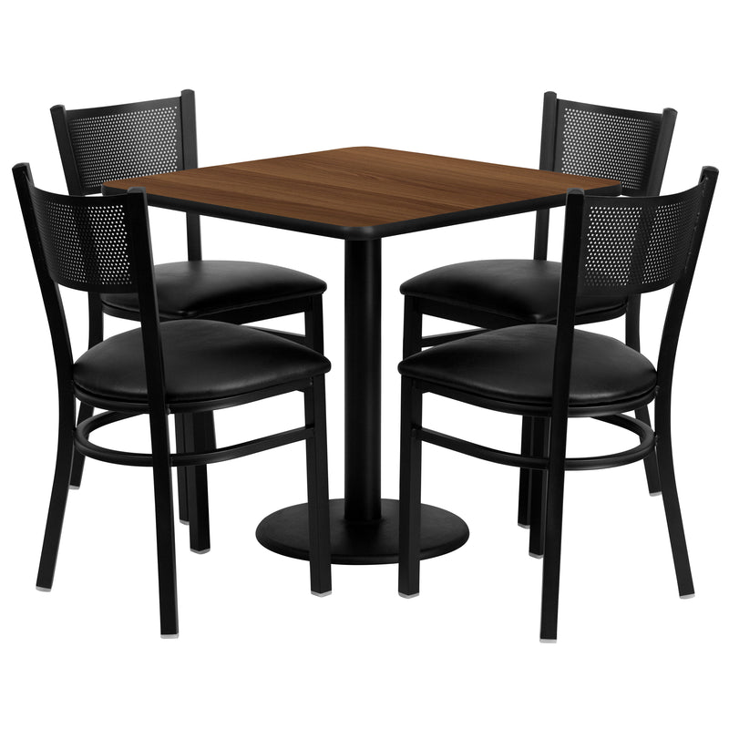 Clark 30'' Square Black Laminate Table Set with 4 Ladder Back Metal Chairs - Cherry Wood Seat