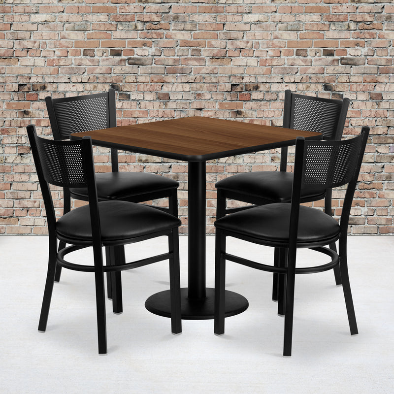 Clark 30'' Square Black Laminate Table Set with 4 Ladder Back Metal Chairs - Cherry Wood Seat