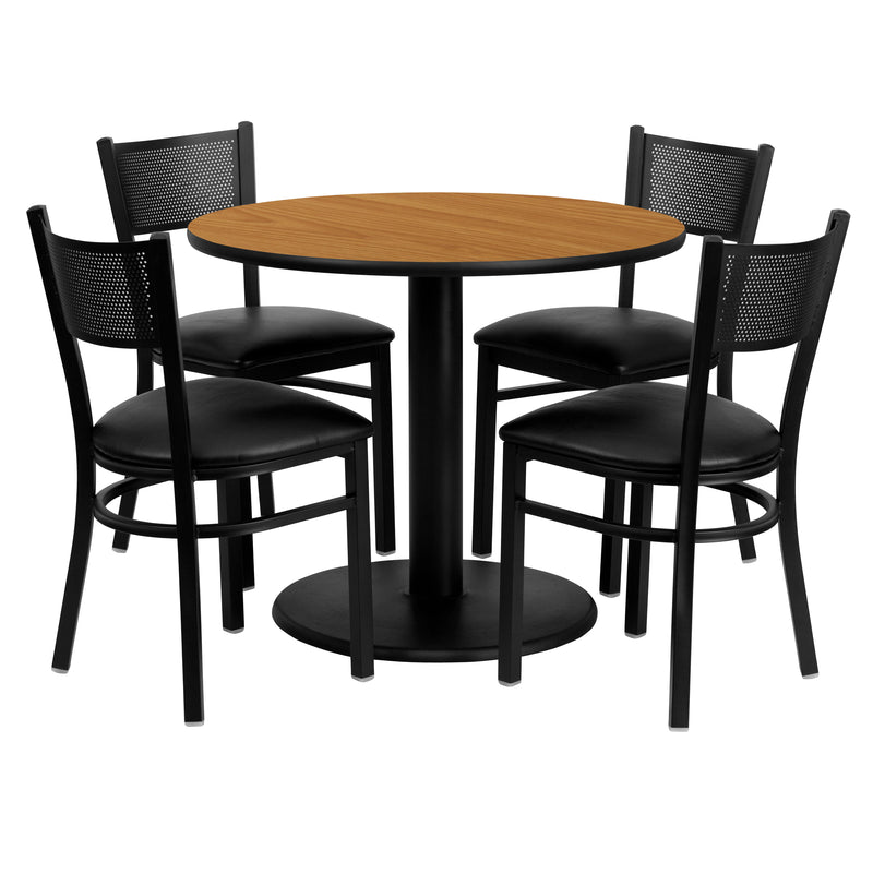 Clark 36'' Round Black Laminate Table Set with 4 Grid Back Metal Barstools - Cherry Wood Seat