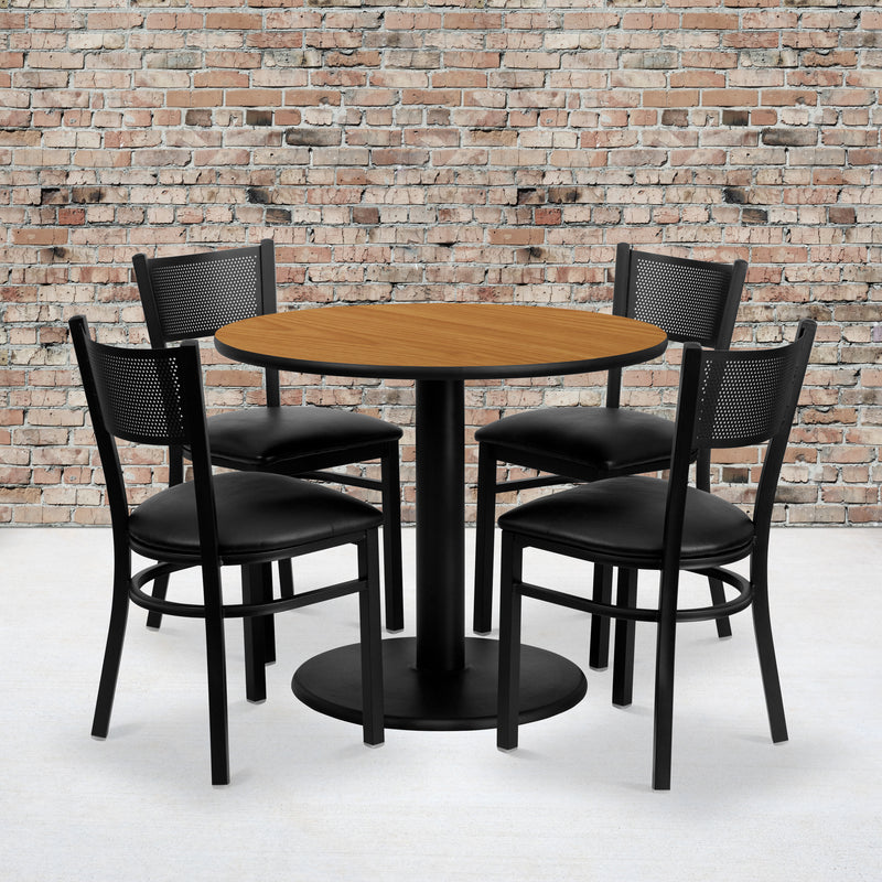 Clark 36'' Round Black Laminate Table Set with 4 Grid Back Metal Barstools - Cherry Wood Seat