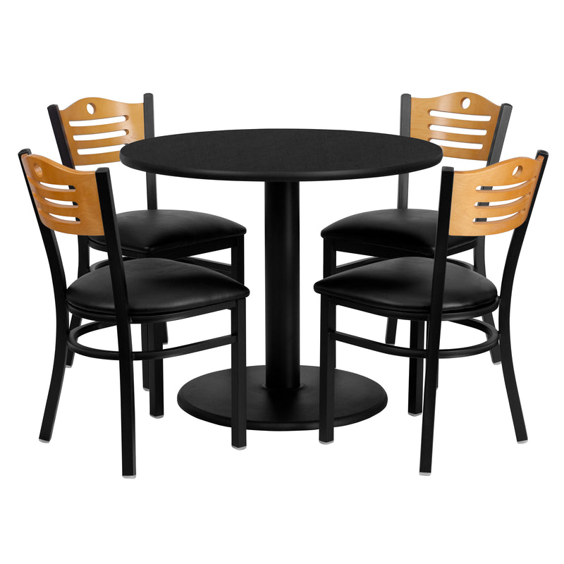 Clark 36'' Round Black Laminate Table Set with 4 Wood Slat Back Metal Barstools - Natural Wood Seat