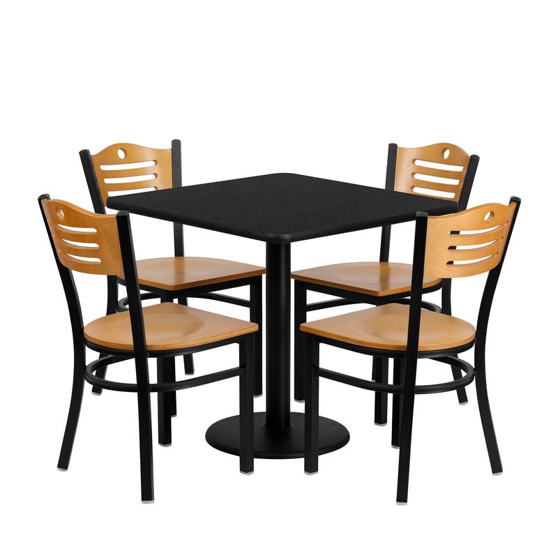 Clark 30'' Square Black Laminate Table Set with 4 Wood Slat Back Metal Barstools - Black Vinyl Seat