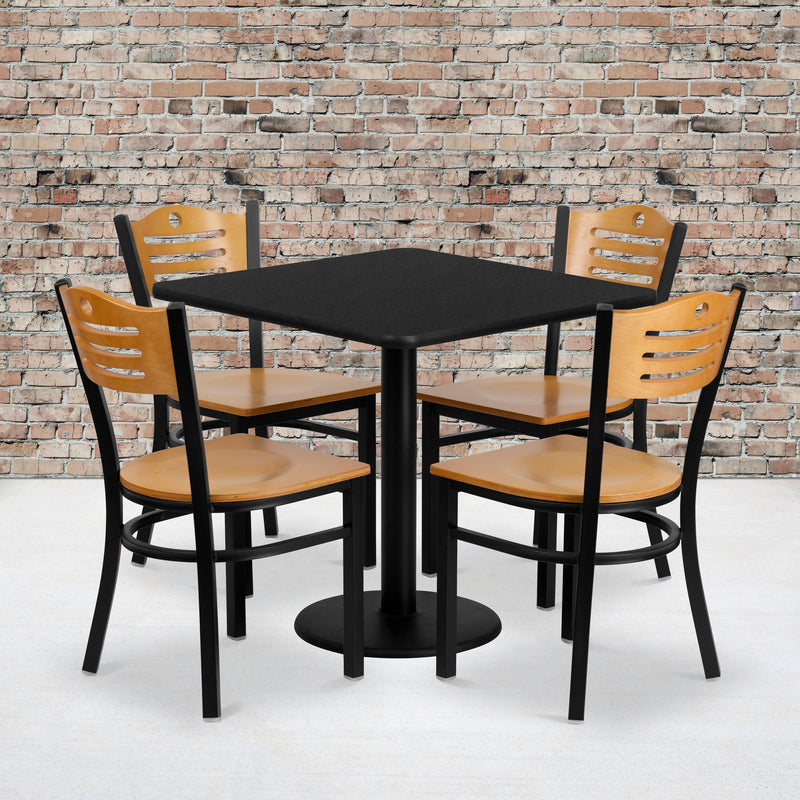 Clark 30'' Square Black Laminate Table Set with 4 Wood Slat Back Metal Barstools - Black Vinyl Seat