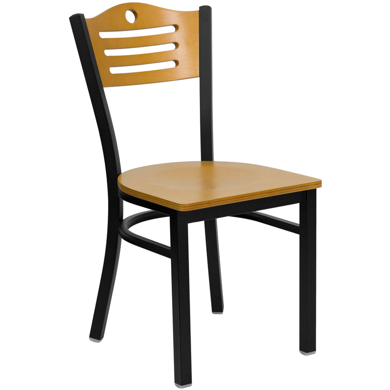 Clark 30'' Square Black Laminate Table Set with 4 Wood Slat Back Metal Barstools - Black Vinyl Seat