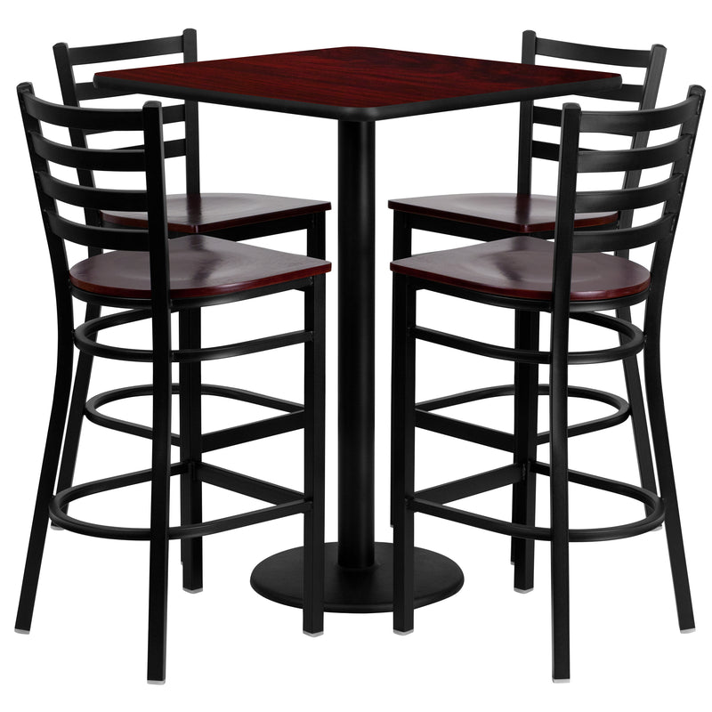 Clark 30'' Square Black Laminate Table Set with 4 Wood Slat Back Metal Chairs - Natural Wood Seat