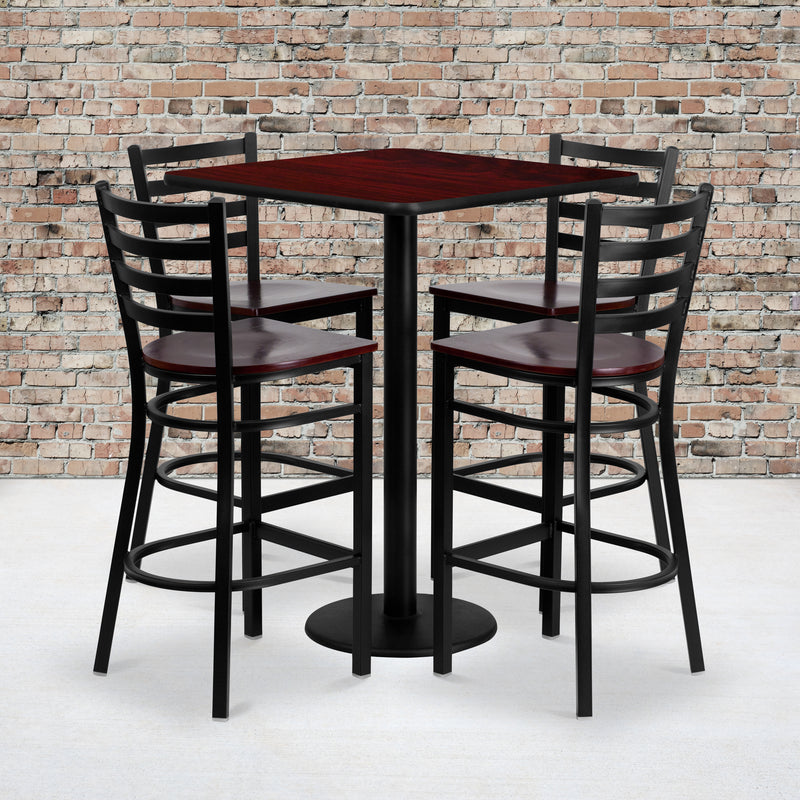 Clark 30'' Square Black Laminate Table Set with 4 Wood Slat Back Metal Chairs - Natural Wood Seat