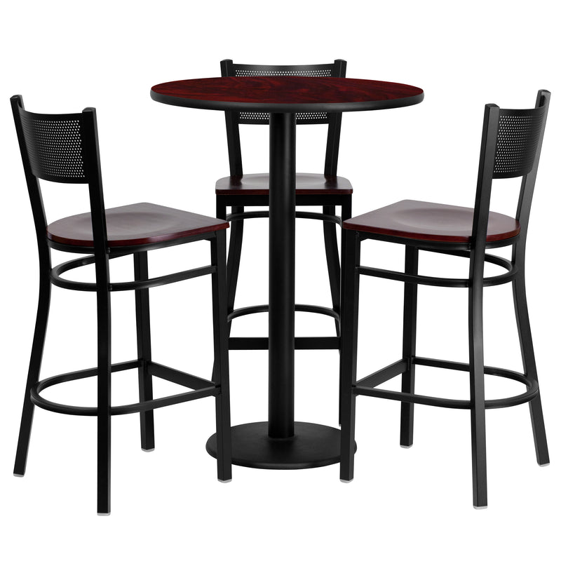 Clark 30'' Round Walnut Laminate Table Set with 3 Ladder Back Metal Chairs - Black Vinyl Seat