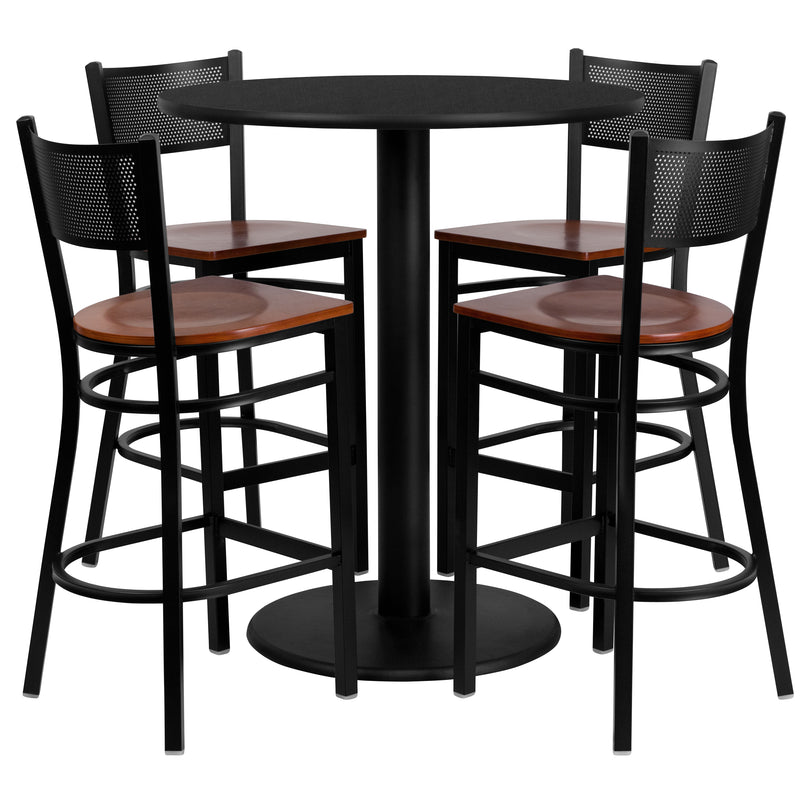 Clark 36'' Round Mahogany Laminate Table Set with 4 Ladder Back Metal Chairs - Mahogany Wood Seat