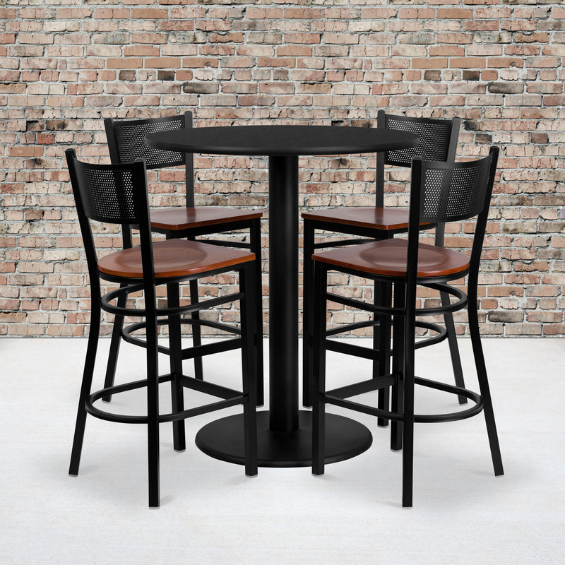 Clark 36'' Round Mahogany Laminate Table Set with 4 Ladder Back Metal Chairs - Mahogany Wood Seat