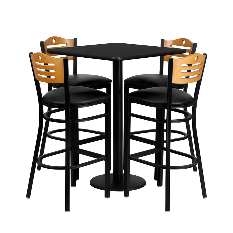 Clark 36'' Round Natural Laminate Table Set with 4 Grid Back Metal Chairs - Black Vinyl Seat