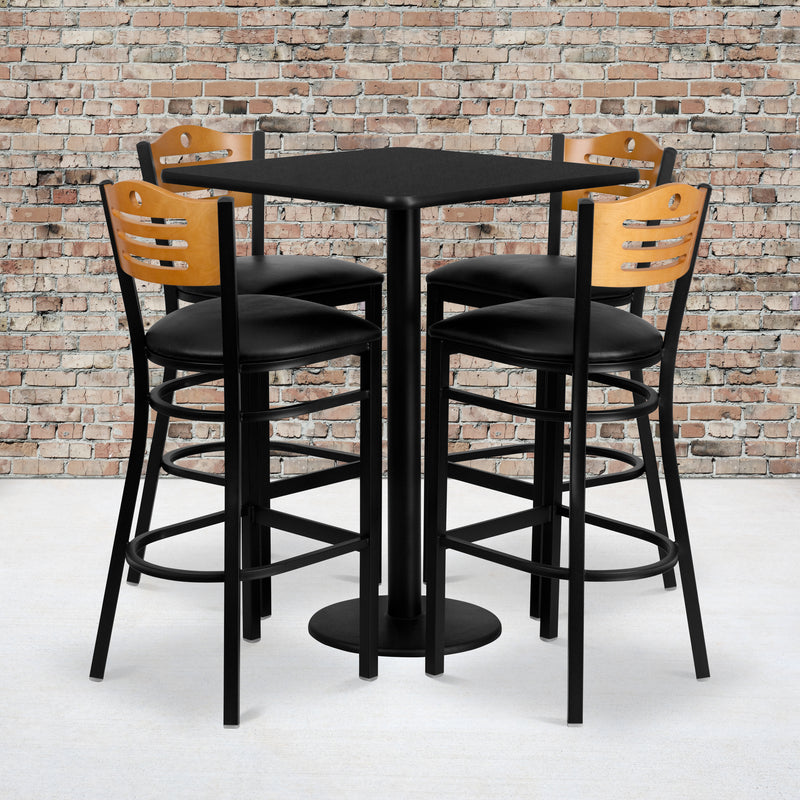 Clark 36'' Round Natural Laminate Table Set with 4 Grid Back Metal Chairs - Black Vinyl Seat