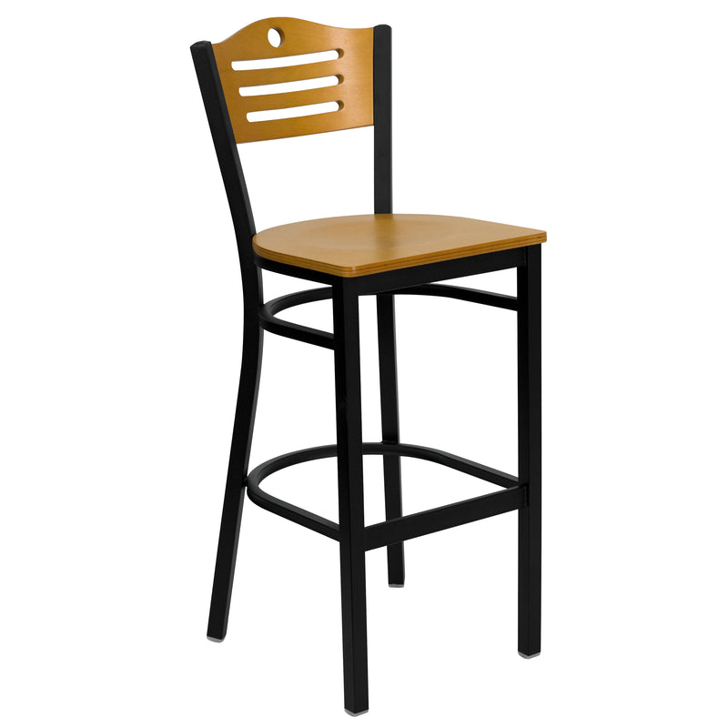 Clark 36'' Round Natural Laminate Table Set with 4 Grid Back Metal Chairs - Black Vinyl Seat