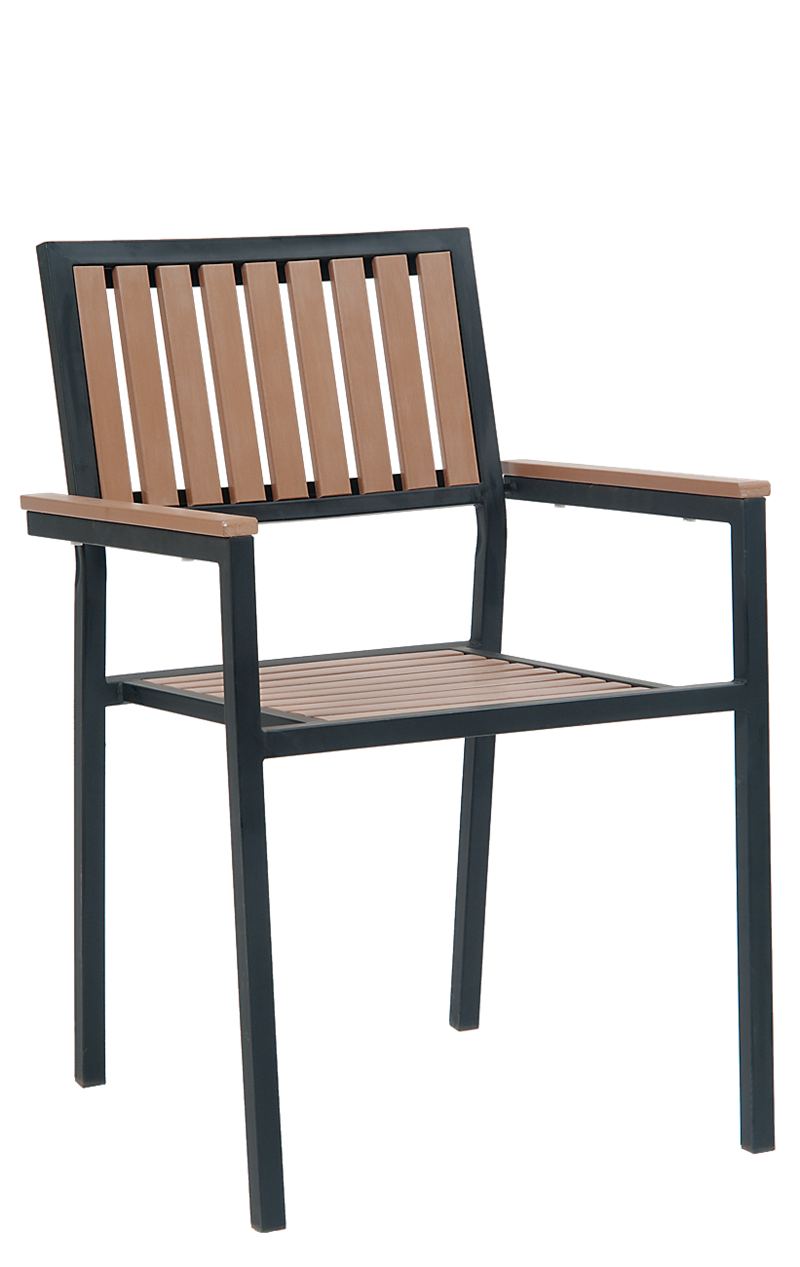 Black Steel Armchair with Imitation Teak Vertical Slat Back & Seat