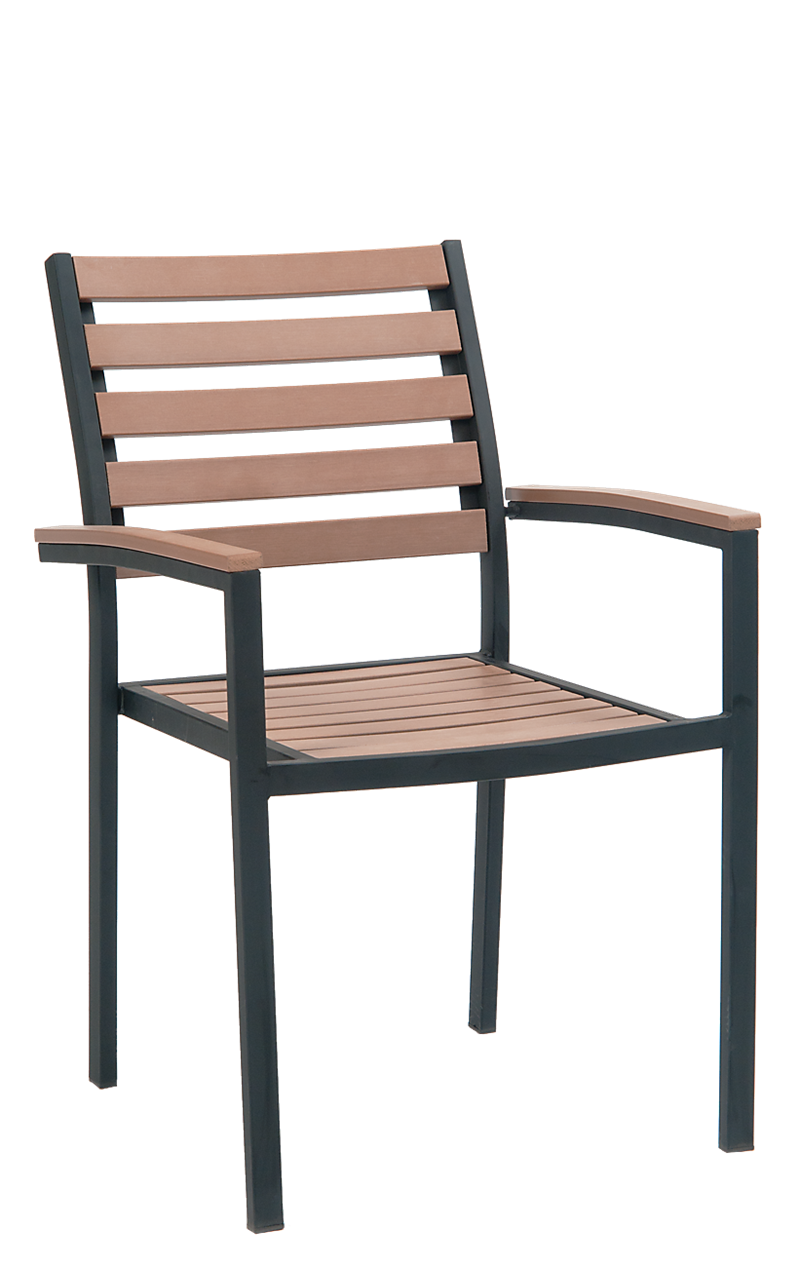 Black Steel Armchair with Imitation Teak Slat Back & Seat