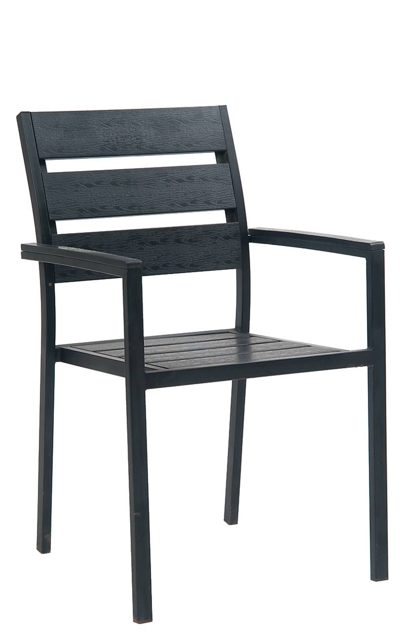 Black Steel Armchair with Black Imitation Teak Slat Back & Seat