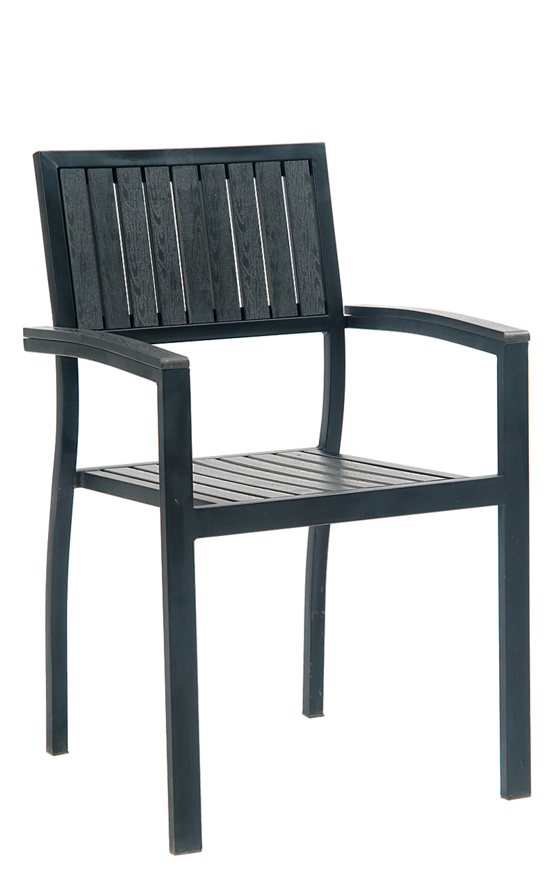 Black Steel Armchair with Black Imitation Teak Vertical Slat Back & Seat