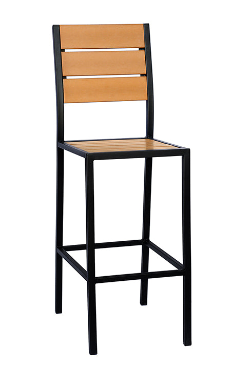 Black Steel Barstool with Horizontal Imitation Teak Slat Back & Seat