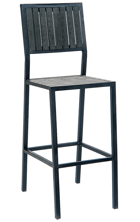 Black Steel Barstool with Imitation Teak Vertical Slat Back & Seat in Black