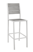 White Steel Barstool with Horizontal Imitation Teak Horizontal Slat Back & Seat in Light Grey