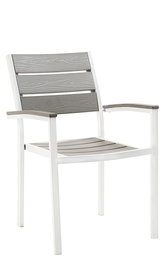 White Steel Armchair with Imitation Teak Slat Back & Seat in Light Grey