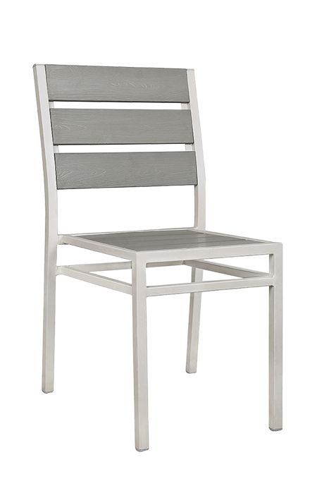 White Steel Chair with Horizontal Imitation Teak Horizontal Slat Back & Seat in Light Grey