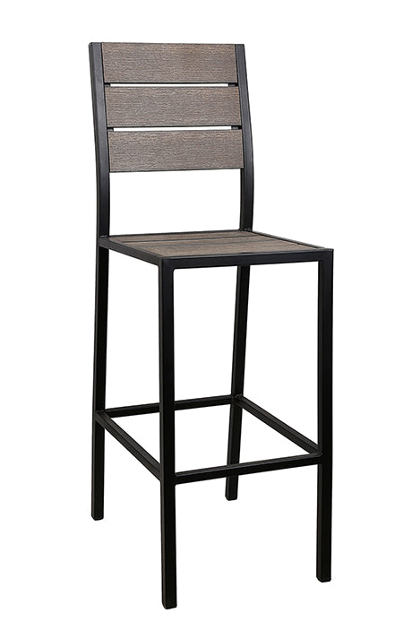 Black Steel Barstool with Imitation Teak Horizontal Slat Back & Seat in Brown
