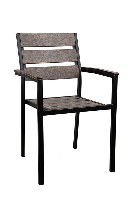 Black Steel Armchair with Imitation Teak Slat Back & Seat in Brown