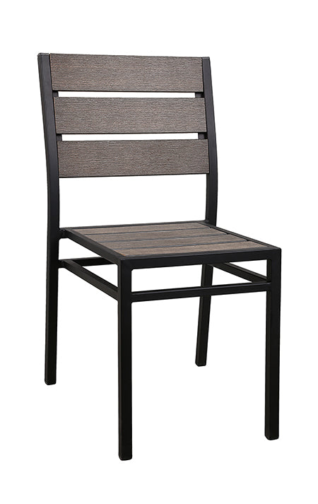 Black Steel Side Chair with Imitation Teak Slat Back & Seat in Brown